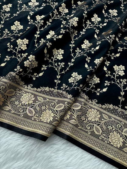 Black Beauty Satin Silk Banarasi Saree Floral Jaal