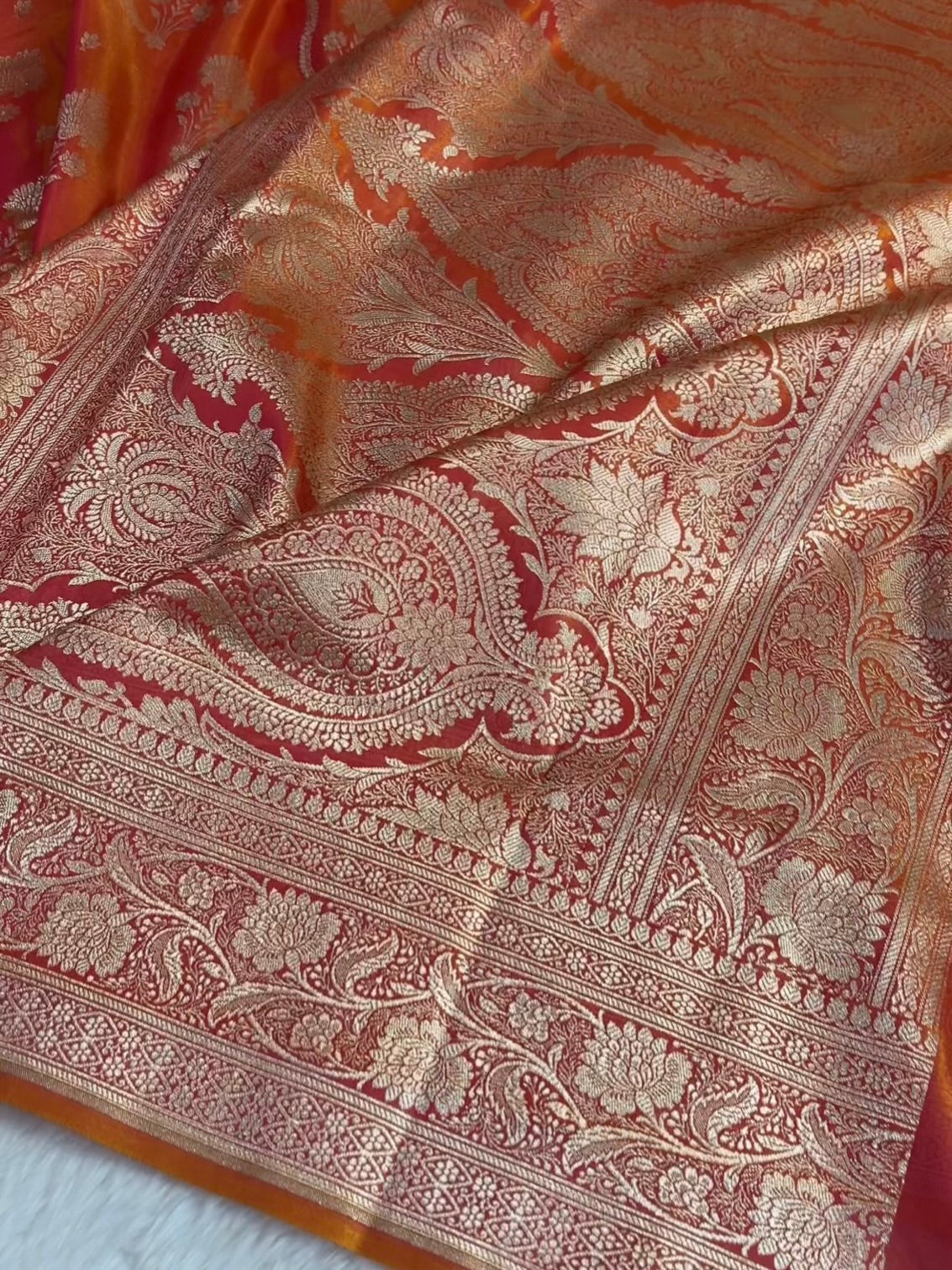 Orange Shaded Fancy Satin Silk Banarasi Saree – Tircha Jaal