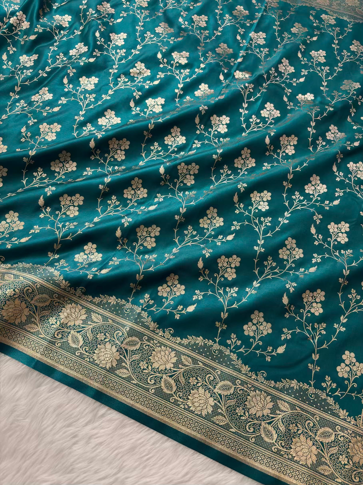 Rama Green Satin Silk Banarasi Saree Floral Jaal