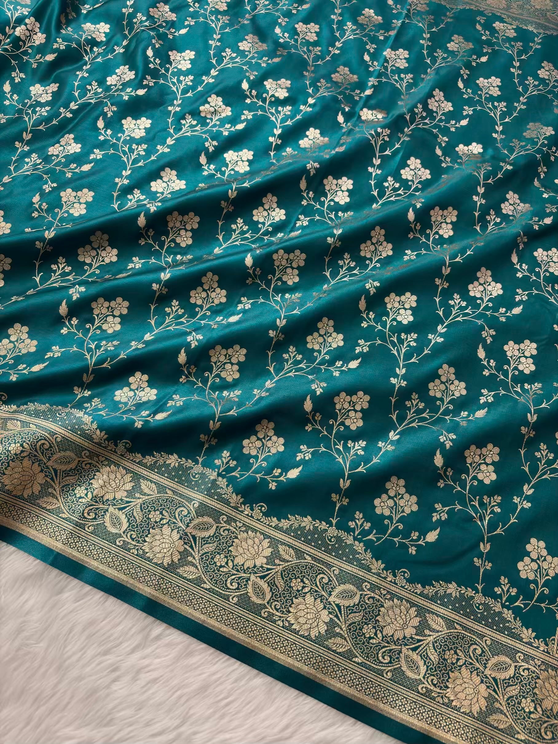 Rama Green Satin Silk Banarasi Saree Floral Jaal