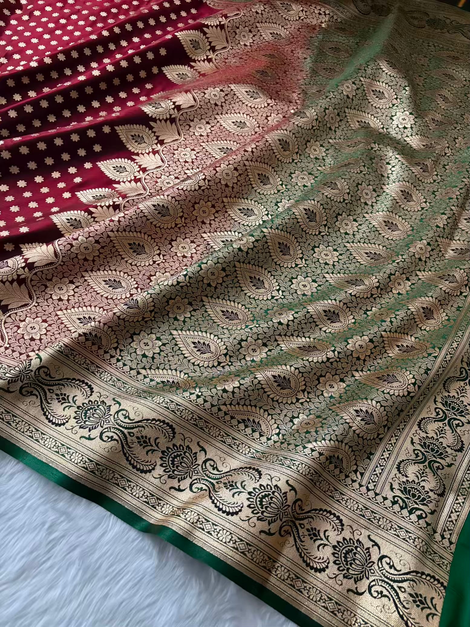 Dark Maroon With Green Contrast Satin Silk Banarasi Saree