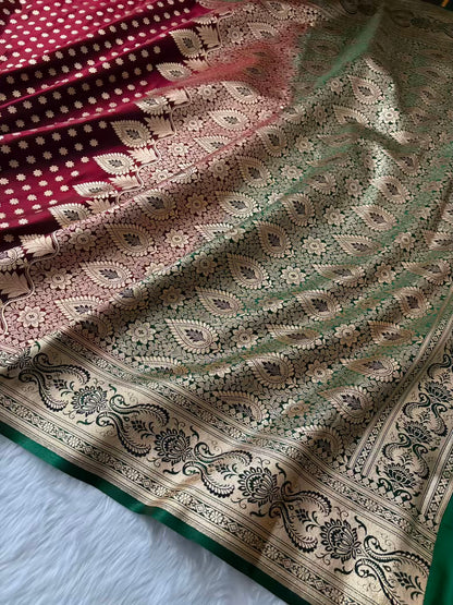 Dark Maroon With Green Contrast Satin Silk Banarasi Saree