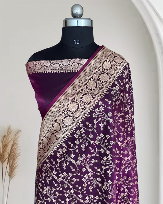 Heavy Jaal Satin Silk Banarasi Saree Wine Shades