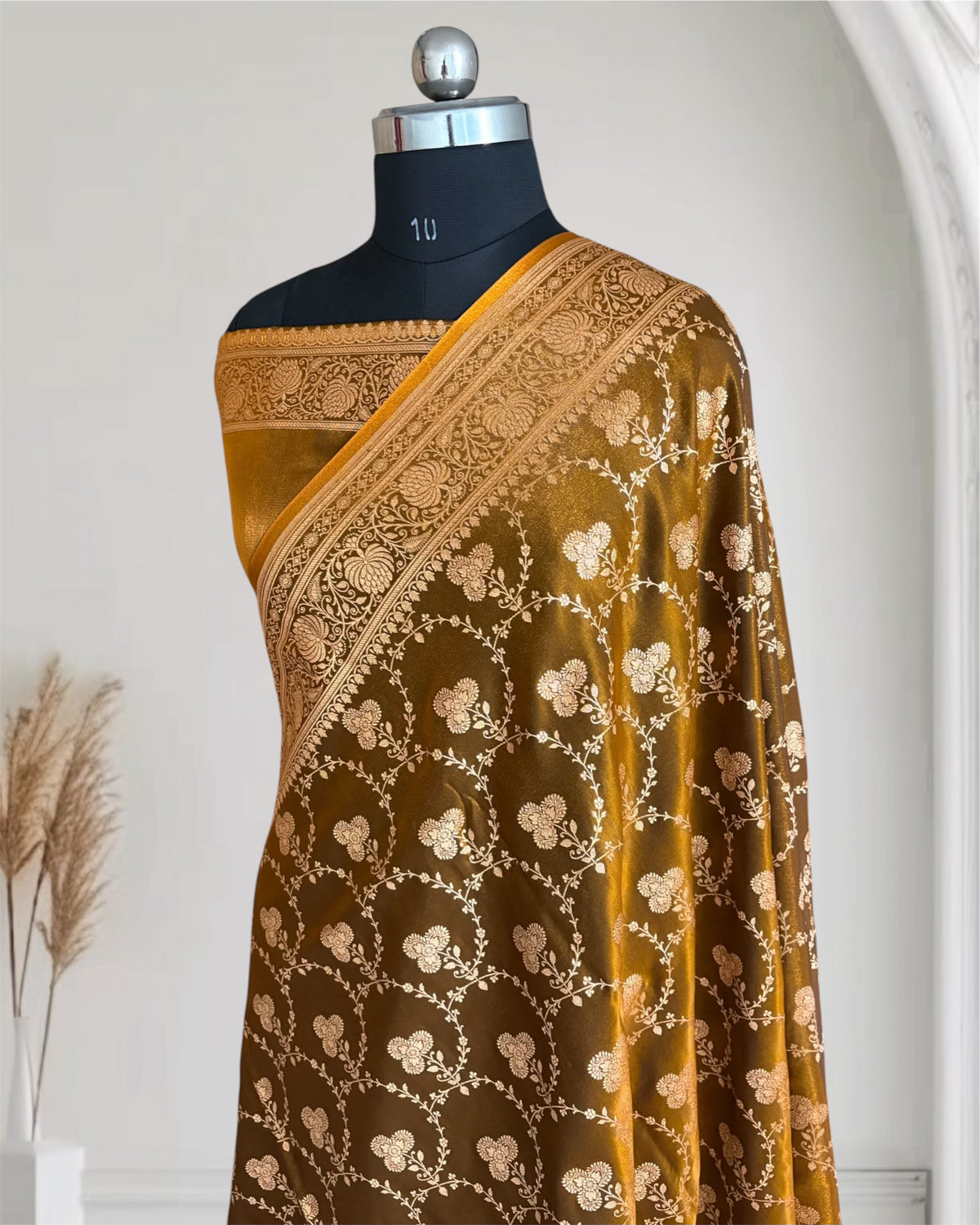 Satin Silk Saree Banarasi Jaal in Mehendi Shades