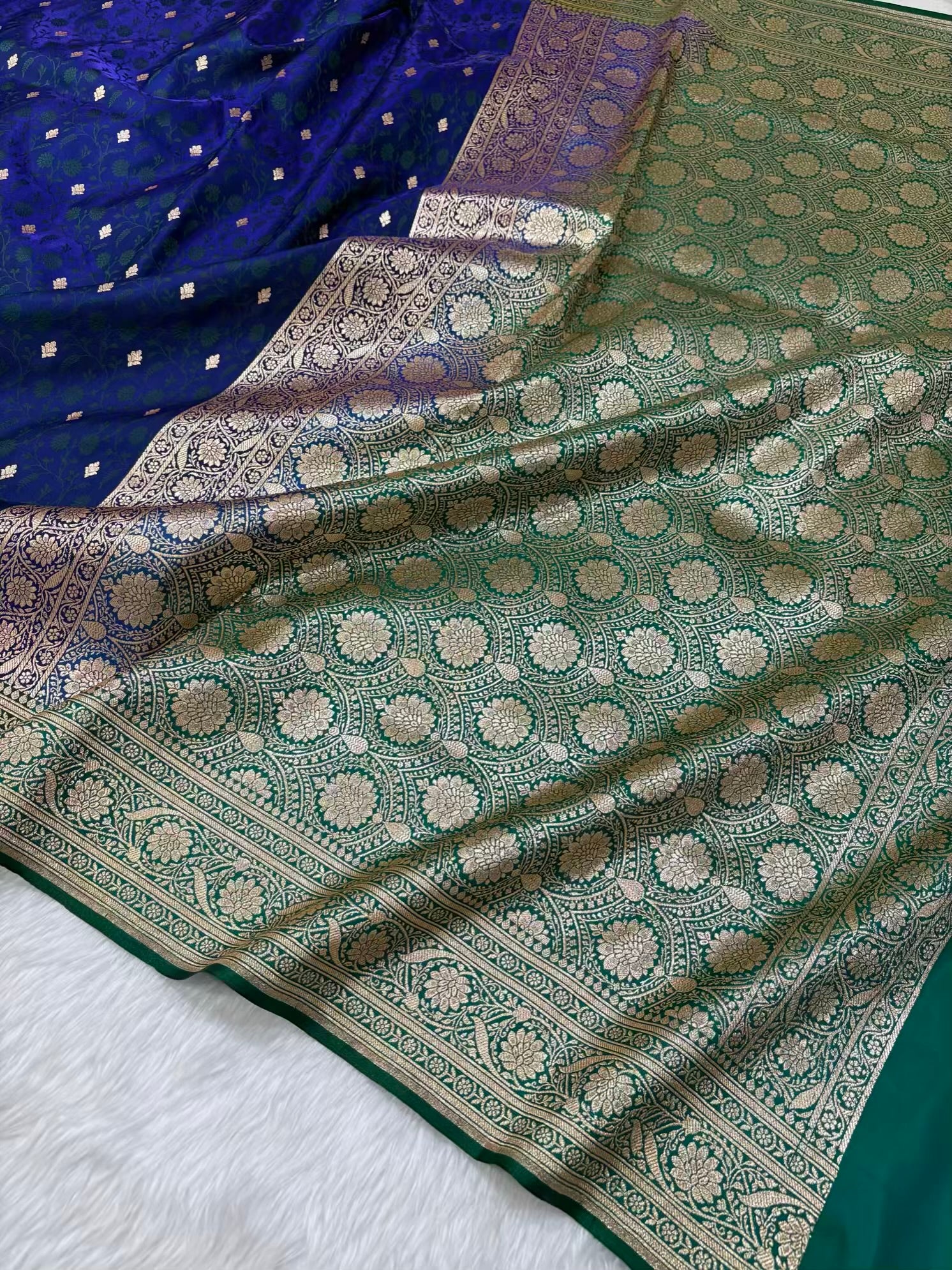Blue & Green Satin Silk Banarasi Saree Tanchui Jaal