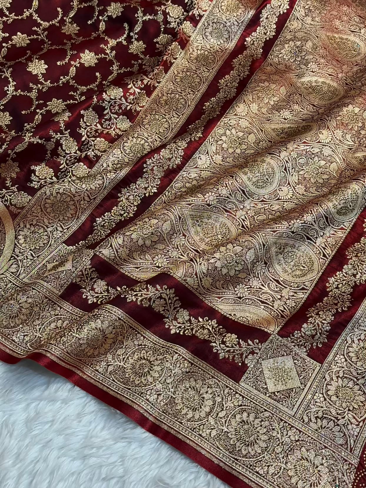 Satin Silk Saree Banarasi Swarovski Work Jaal in Dark Maroon Shades