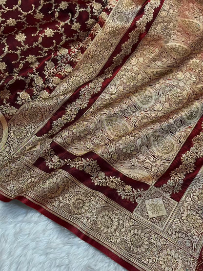 Satin Silk Saree Banarasi Swarovski Work Jaal in Dark Maroon Shades