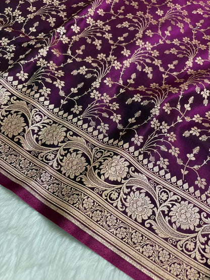 Heavy Jaal Satin Silk Banarasi Saree Wine Shades