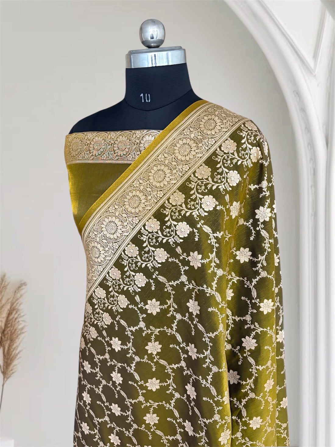 Mehdi Green Satin Silk Banarasi Saree Floral Swarna Latika Jaal