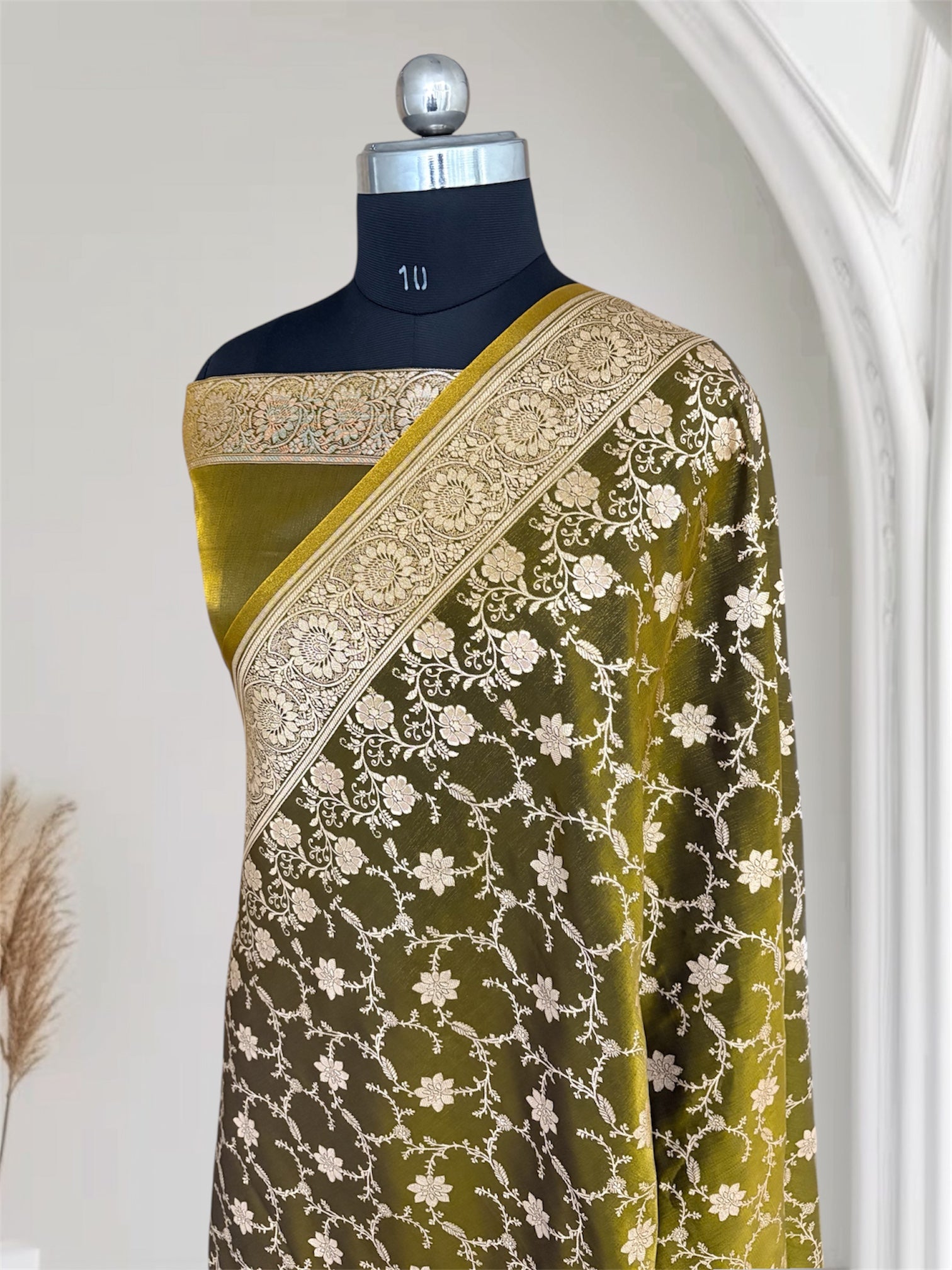 Mehdi Green Satin Silk Banarasi Saree Floral Swarna Latika Jaal