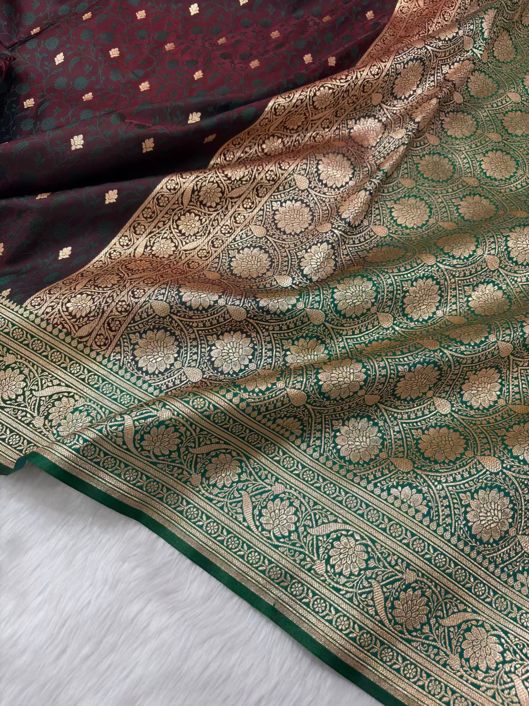 Dark Maroon & Green Satin Silk Banarasi Saree Tanchui Jaal