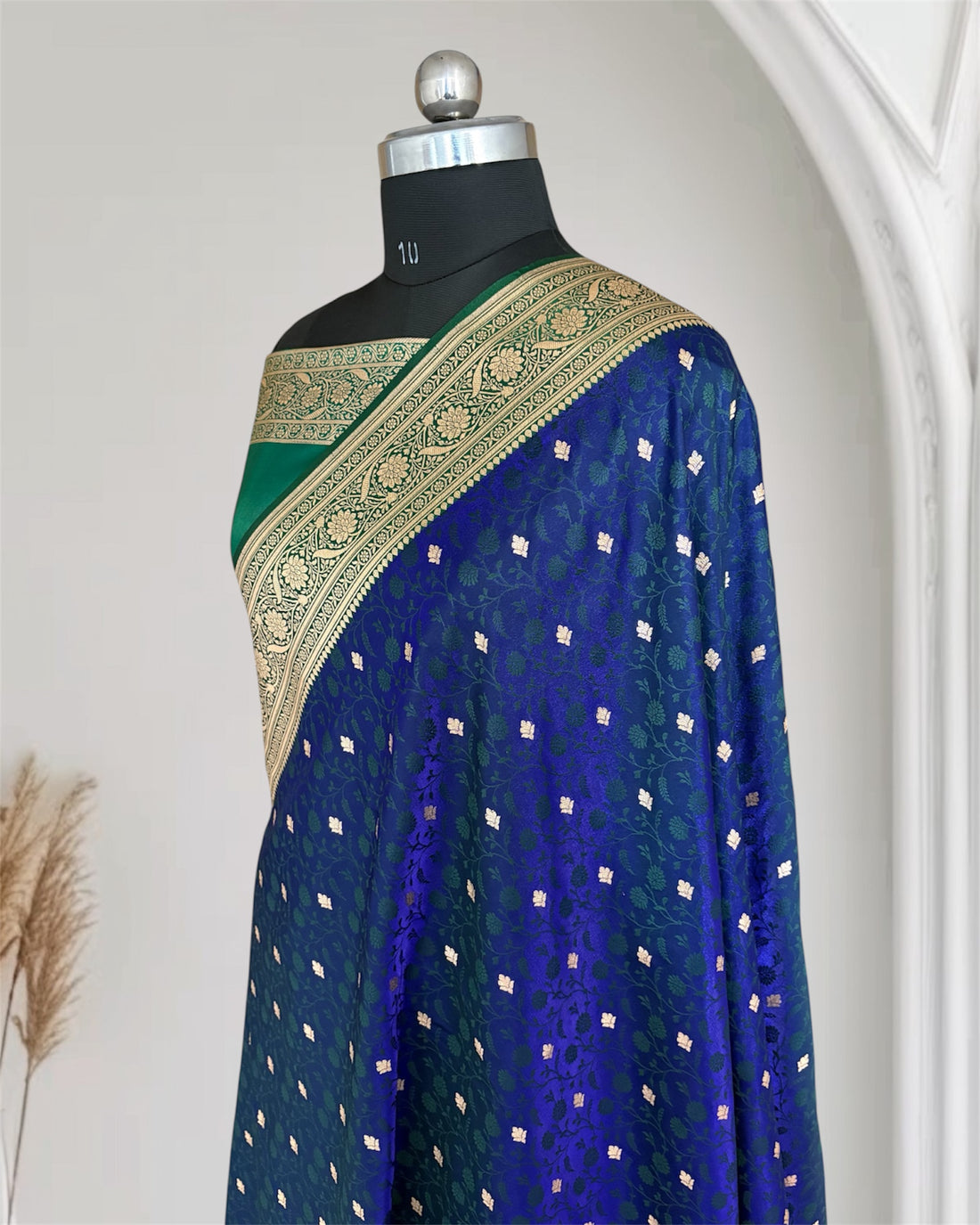 Blue & Green Satin Silk Banarasi Saree Tanchui Jaal