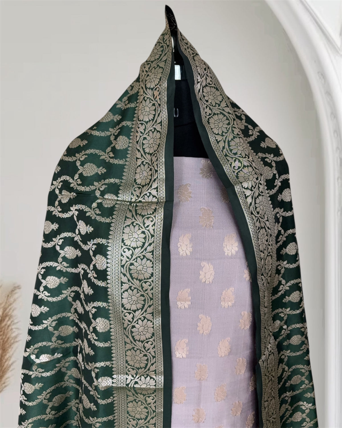 Bottle Green and Grey Satin Silk Banarasi Suit