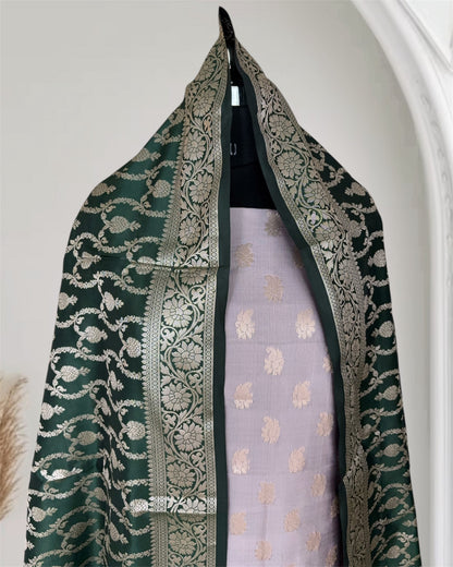 Bottle Green and Grey Satin Silk Banarasi Suit