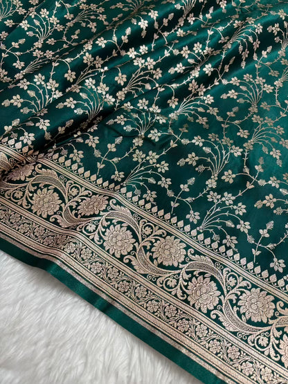 Heavy Jaal Satin Silk Banarasi Saree Teal Green Shades