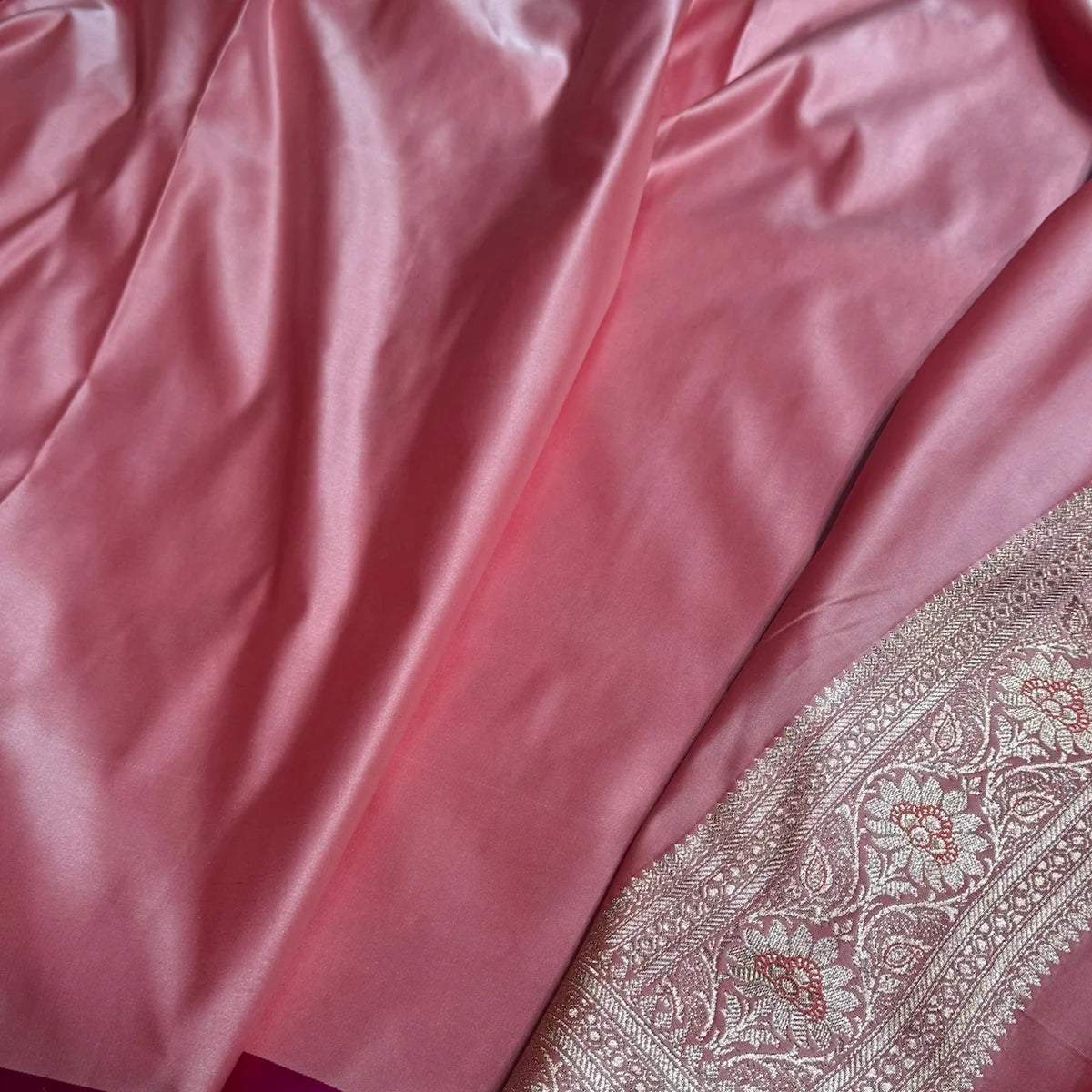 Baby Pink Booti Satin katan Silk Saree