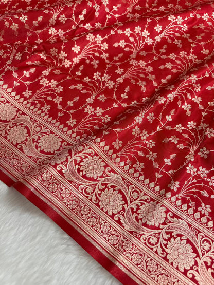 Heavy Jaal Satin Silk Banarasi Saree Red Shades