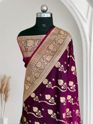 Wine Satin Silk Banarasi Saree – Tircha Jaal