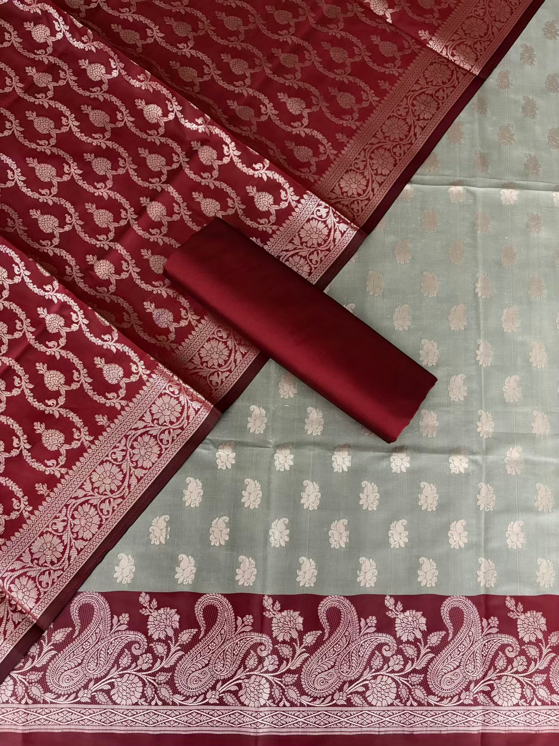 Red and Pista Satin Silk Banarasi Suit