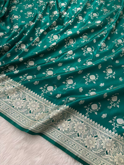 Rama Green Floral Buti Satin Silk Banarasi Saree