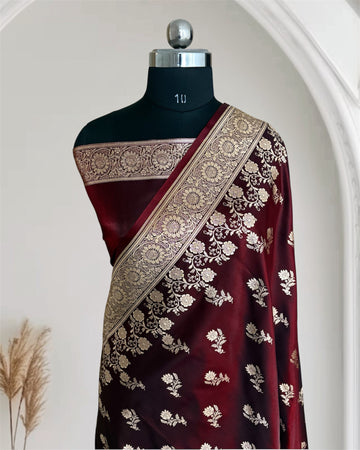 Dark Maroon Satin Silk Banarasi Fancy Saree