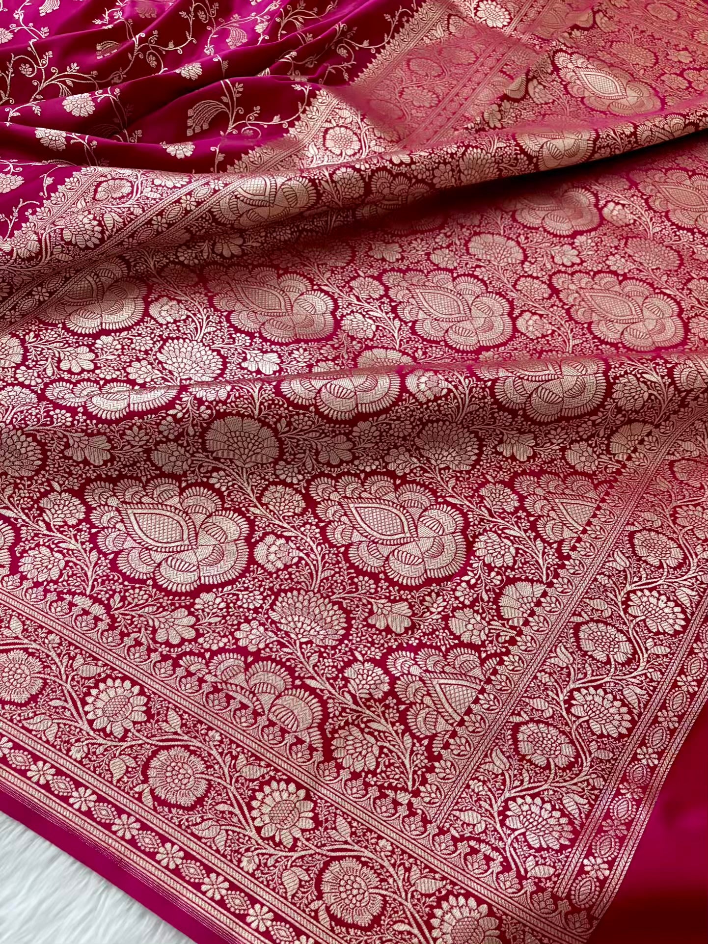 Rani Kataan Satin Silk Banarasi Saree Bridal Jaal