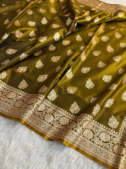 Mehdi Green Shaded New Motif Satin Silk Banarasi Saree