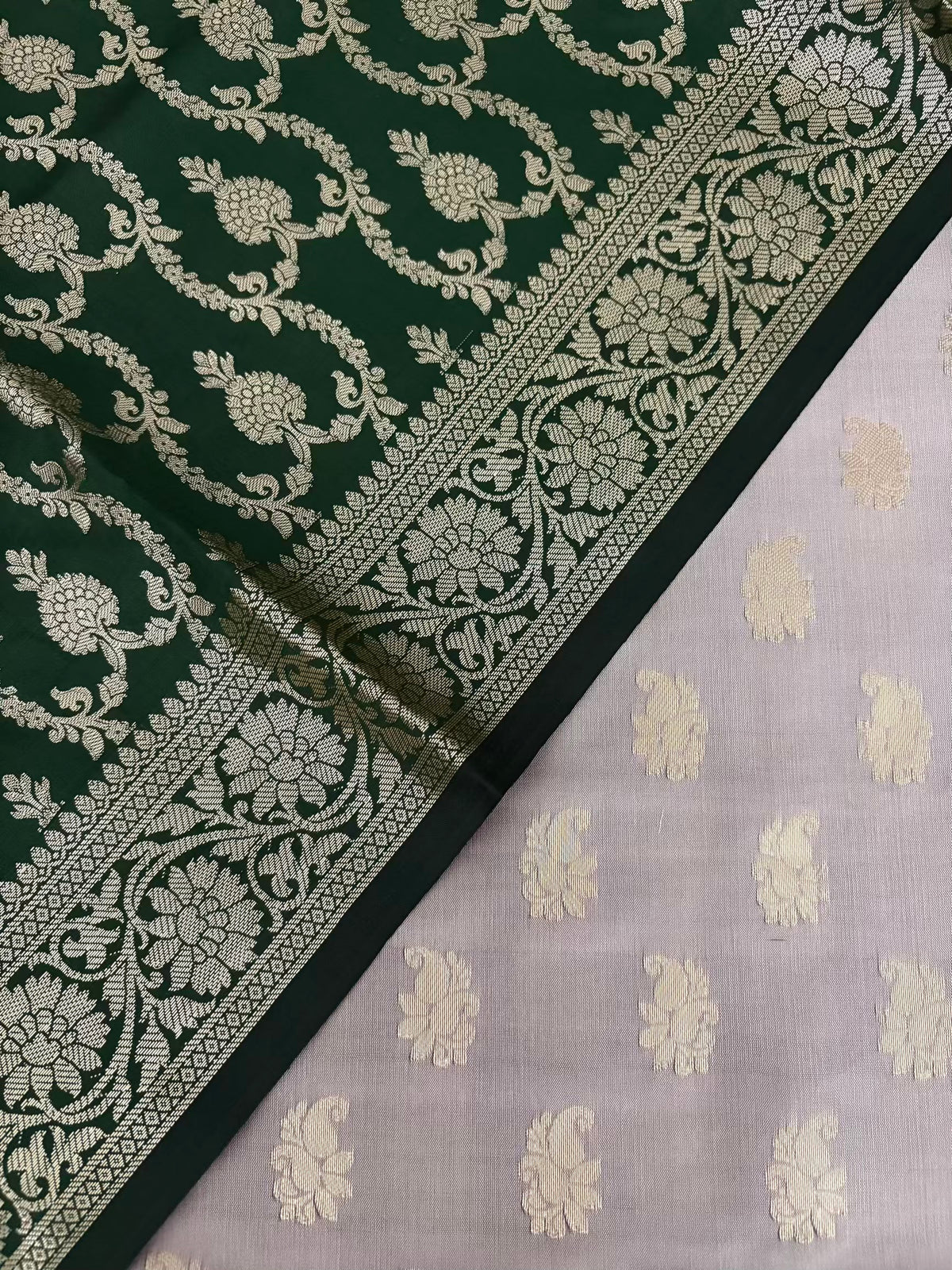 Bottle Green and Grey Satin Silk Banarasi Suit