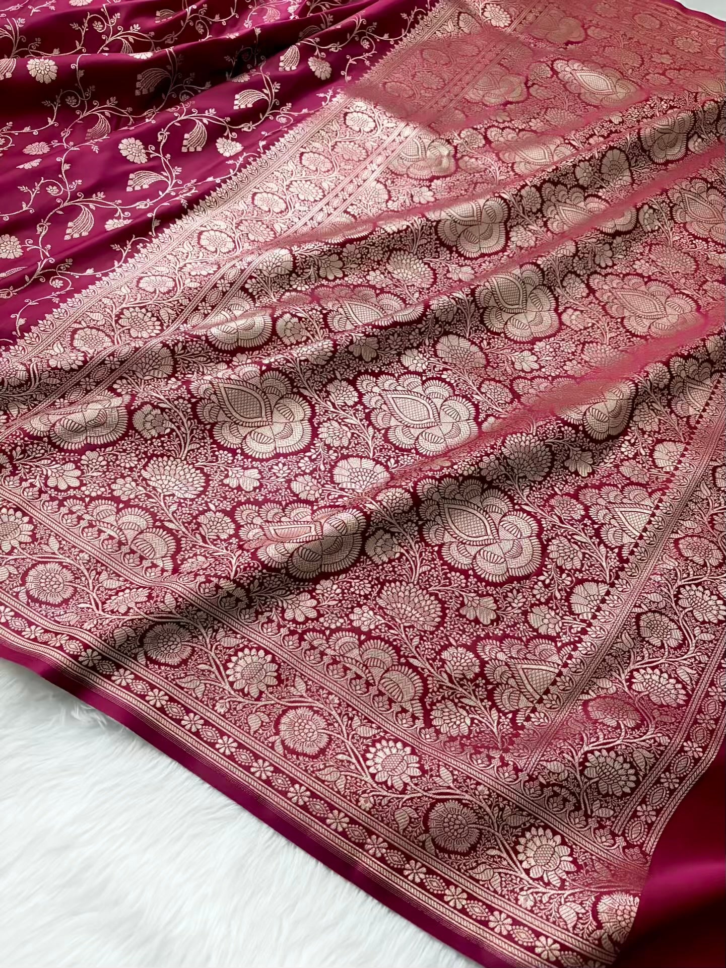 Rani Kataan Satin Silk Banarasi Saree Bridal Jaal