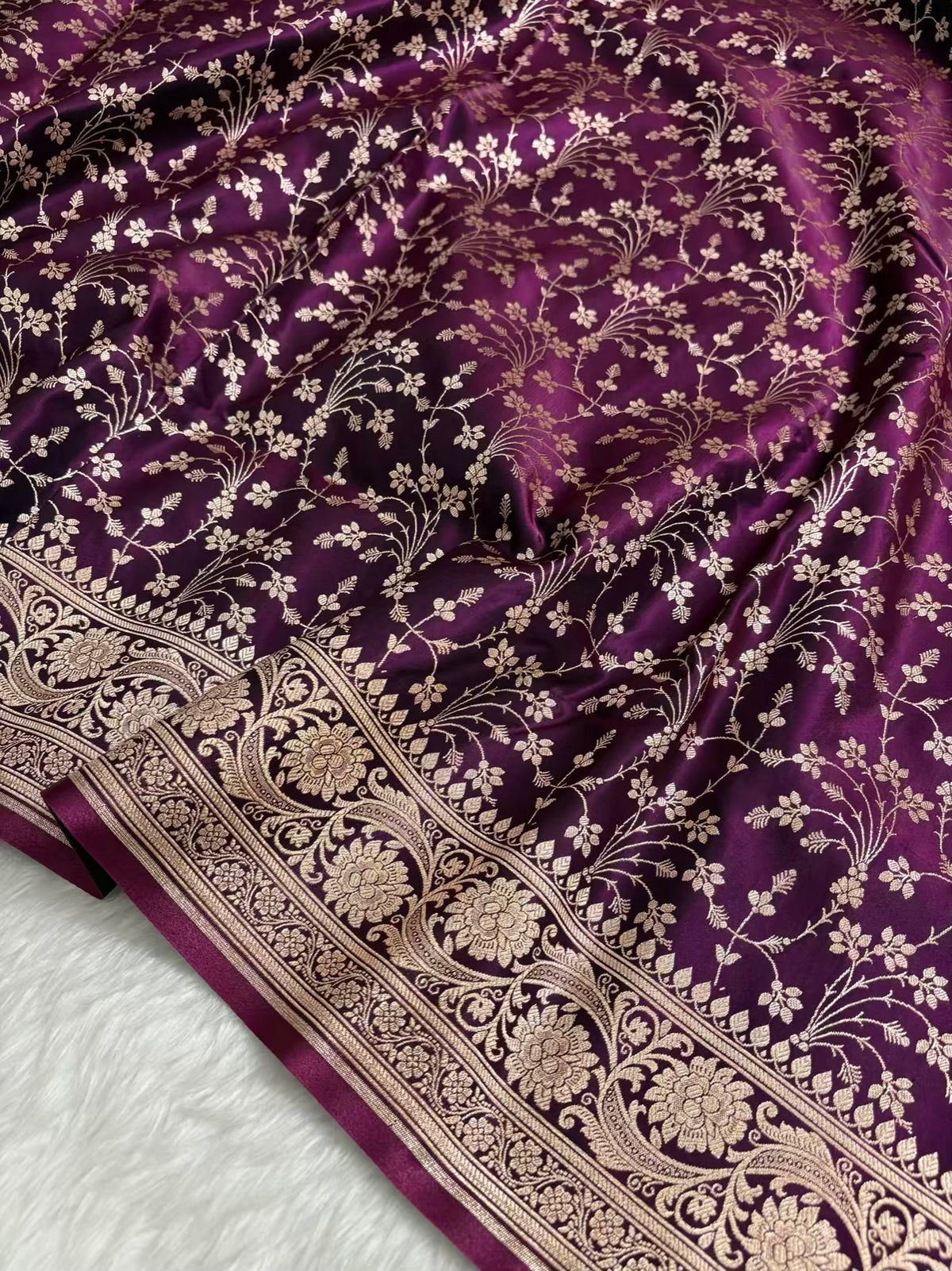 Heavy Jaal Satin Silk Banarasi Saree Wine Shades