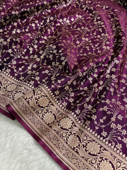 Heavy Jaal Satin Silk Banarasi Saree Wine Shades
