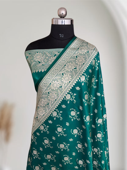Rama Green Floral Buti Satin Silk Banarasi Saree
