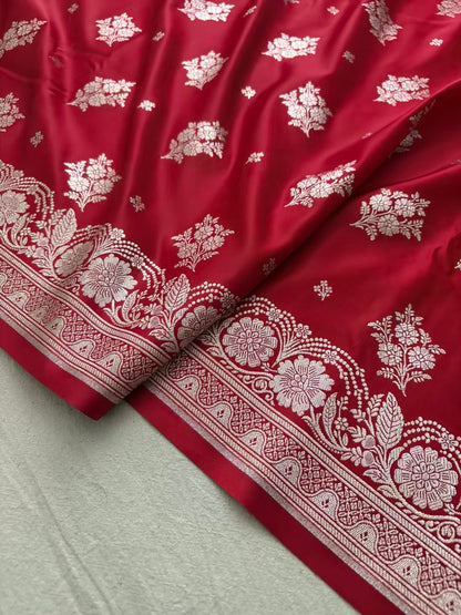 Red Soft Kataan Silk Motif Banarasi Saree In Silver Zari