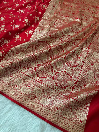 Red Floral Buti Satin Silk Banarasi Saree