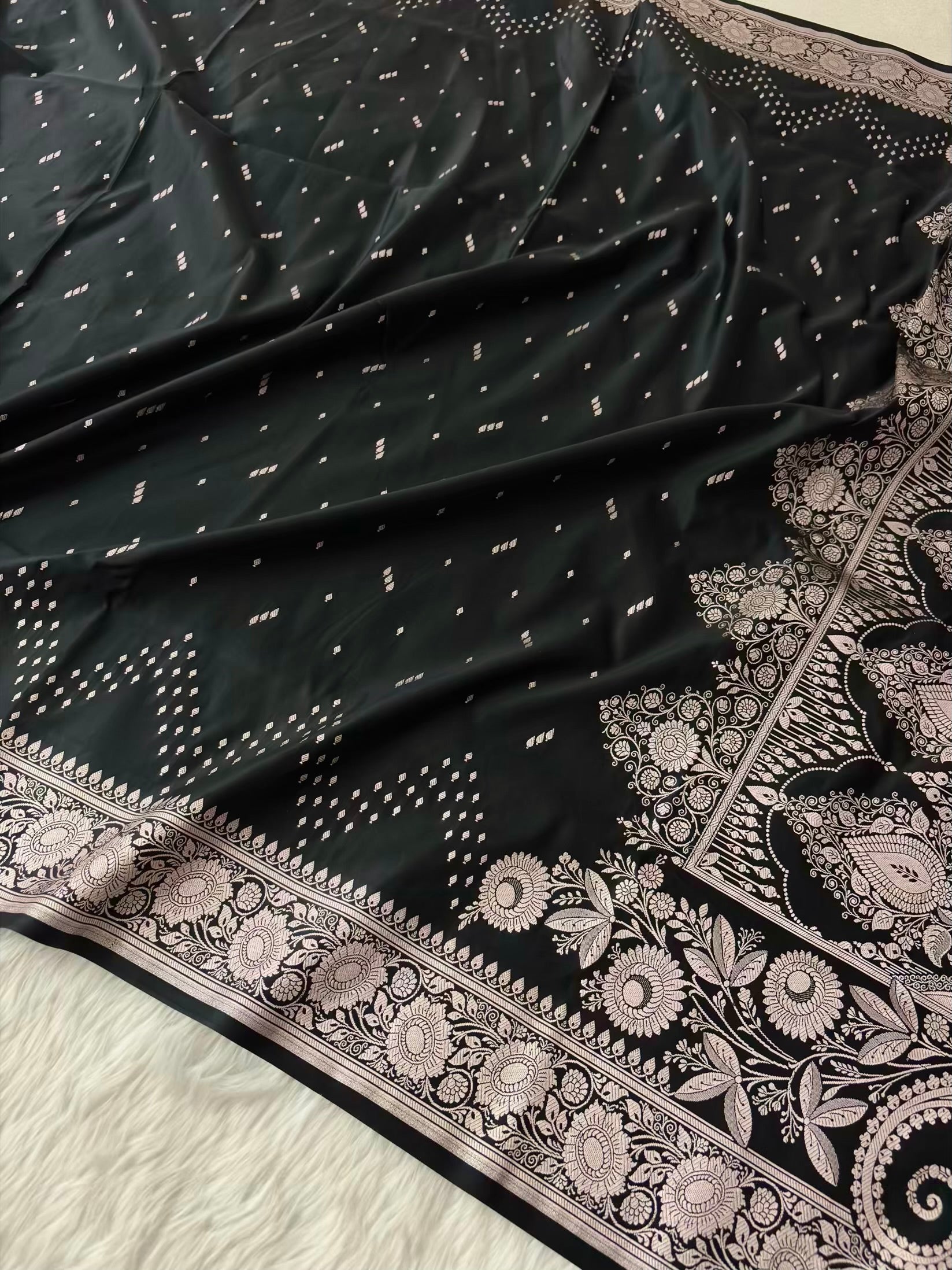 Black Premium Zari Work Fancy Satin Silk Banarasi Saare