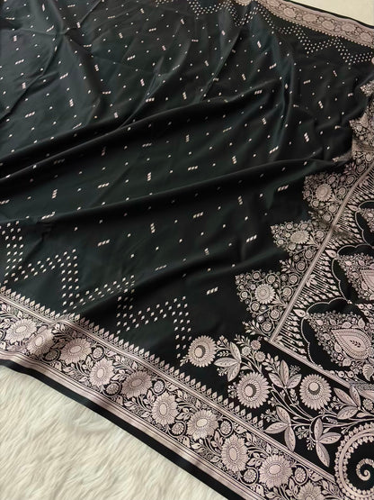 Black Premium Zari Work Fancy Satin Silk Banarasi Saare
