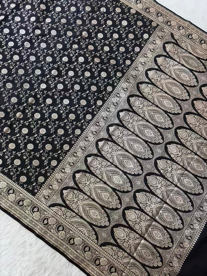 Black Satin Silk Banarasi Saree In Marigold Jaal