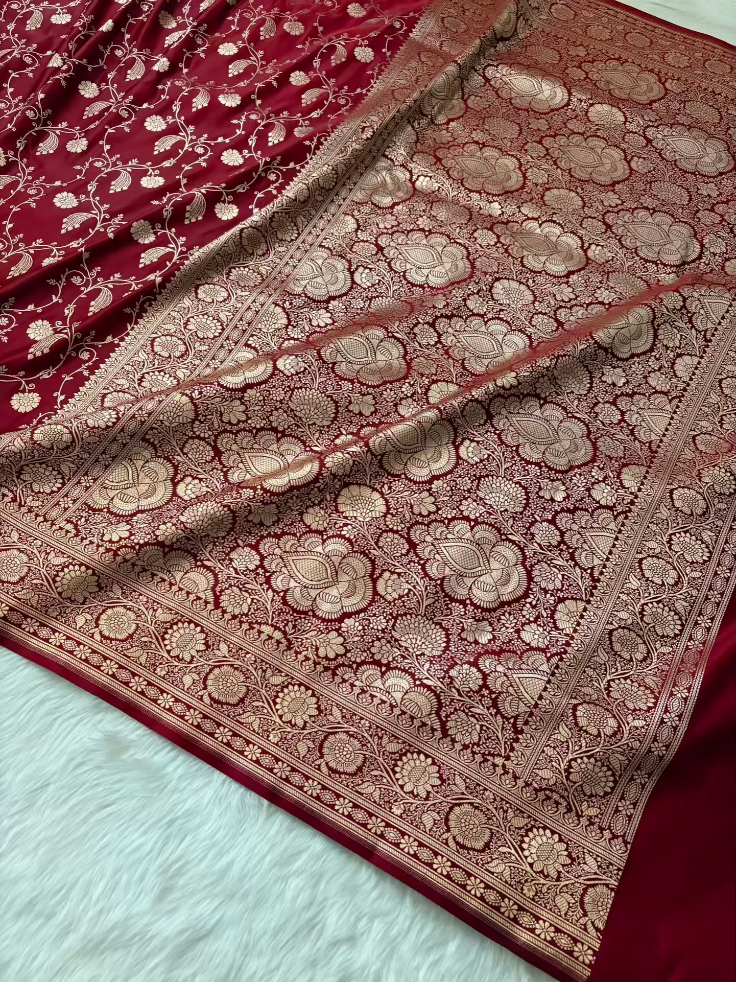 Maroon Kataan Satin Silk Banarasi Saree Bridal Jaal