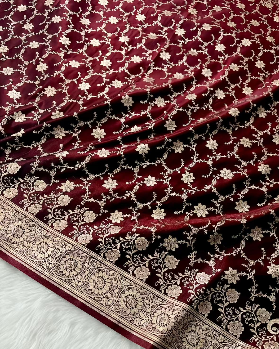 Dark Maroon Satin Silk Banarasi Saree Floral Swarna Latika Jaal