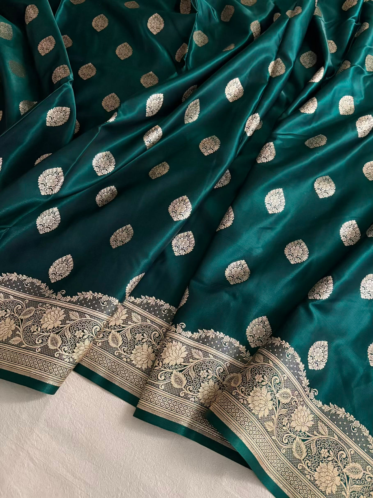 Teal Green Satin Silk Banarasi Saree Jhaad Motif