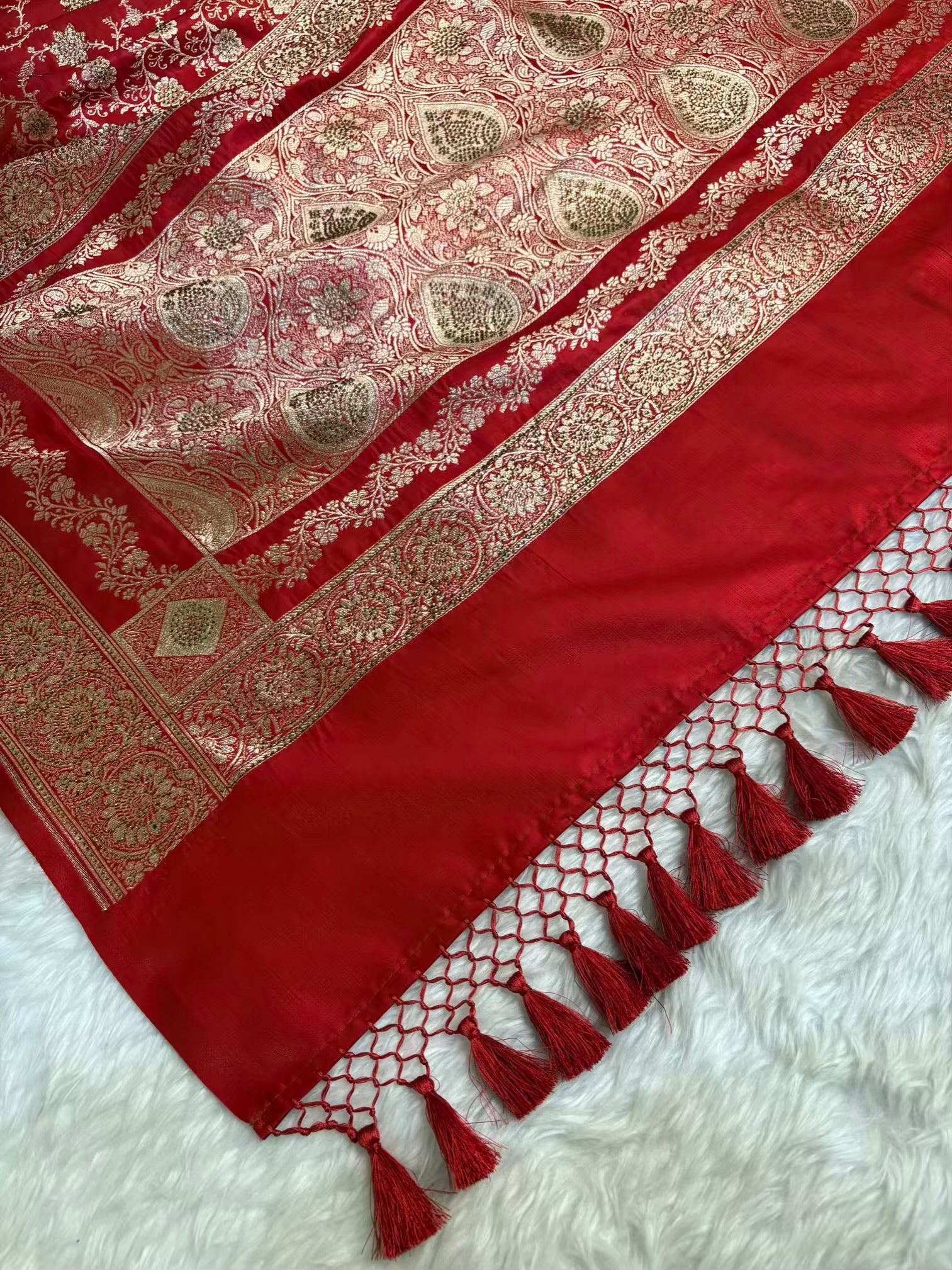 Satin Silk Saree Banarasi Swarovski Work Jaal in Red Shades