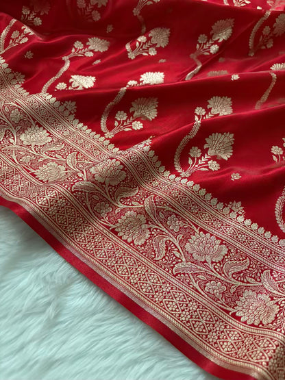 Red Satin Silk Banarasi Saree – Tircha Jaal