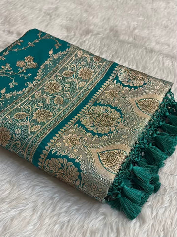 Rama Green With Swarovski Stone Work Jaal Pattern Satin Silk Saree