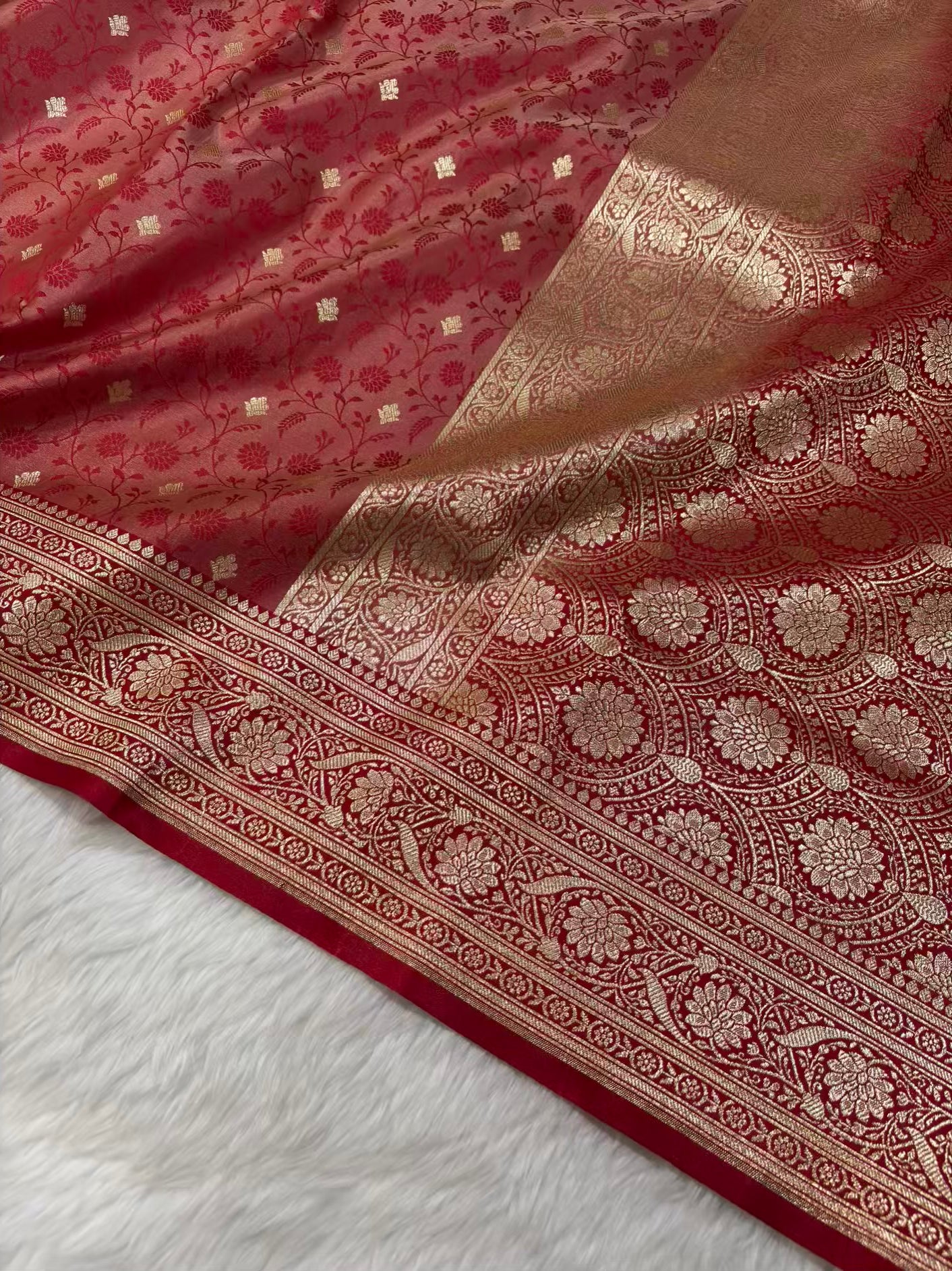 Red & Red Satin Silk Banarasi Saree Tanchui Jaal