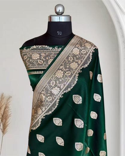 Dark Green Satin Silk Banarasi Saree Jhaad Motif