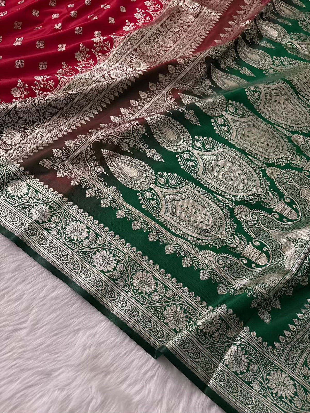 Red & Green Buti Satin Silk Banarasi Saree