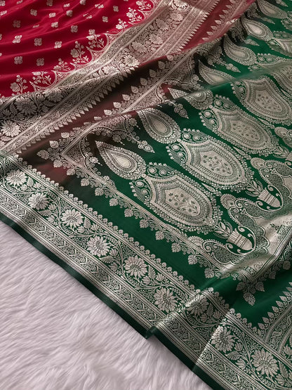 Red & Green Buti Satin Silk Banarasi Saree