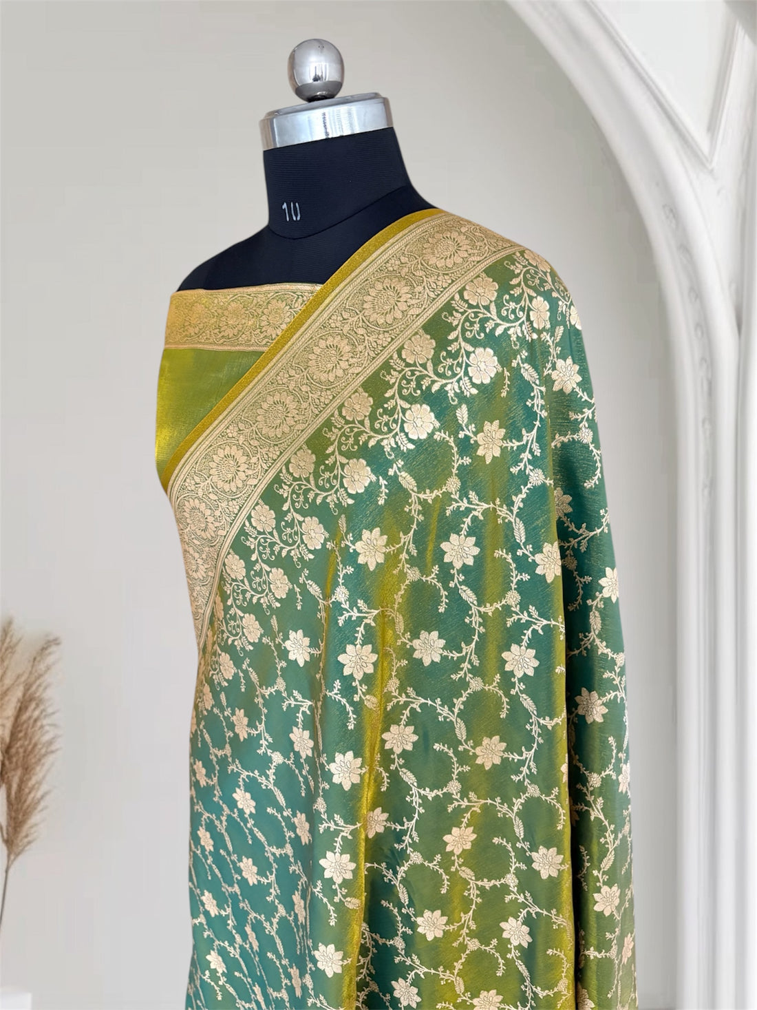 Mongiya Green Satin Silk Banarasi Saree Floral Swarna Latika Jaal