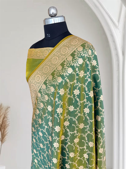 Mongiya Green Satin Silk Banarasi Saree Floral Swarna Latika Jaal