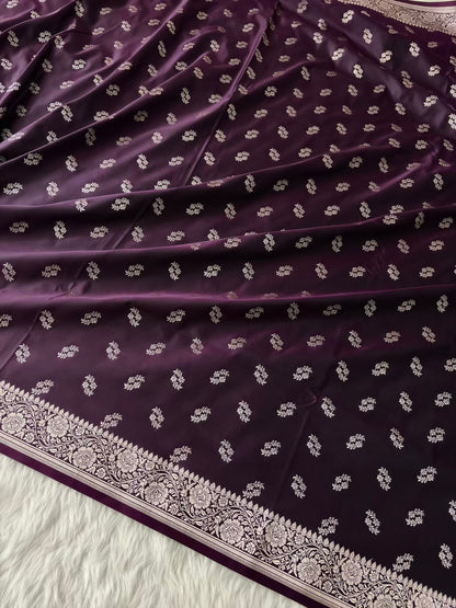 Deep Purple Star Motif Soft Kataan Silk Banarasi Saree In Silver Zari